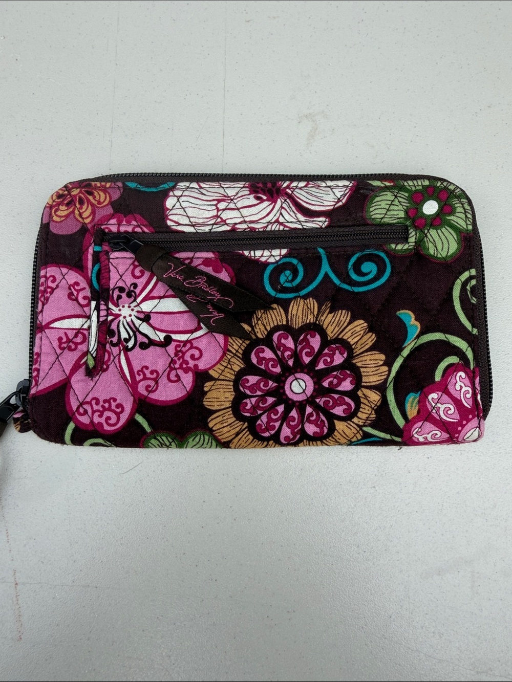 Vera Bradley Brown Wallet with Pink, Green & Teal Floral Print